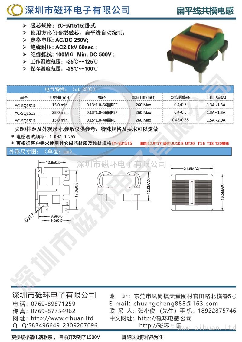 YC-SQ1515臥式扁平線共模電感
